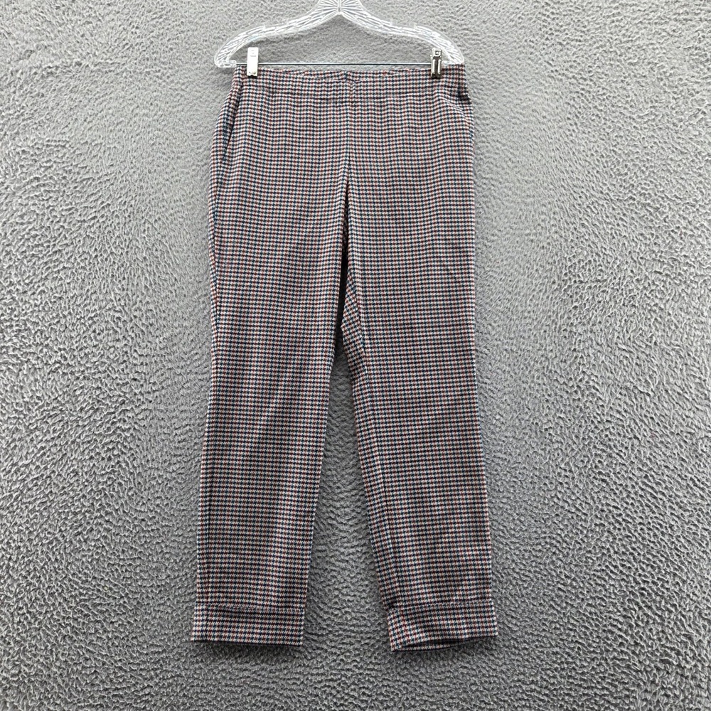 J Jill Womens Straight Leg Houndstooth‎ Pull On Ankle Pants 6 Red Blue Cuffed